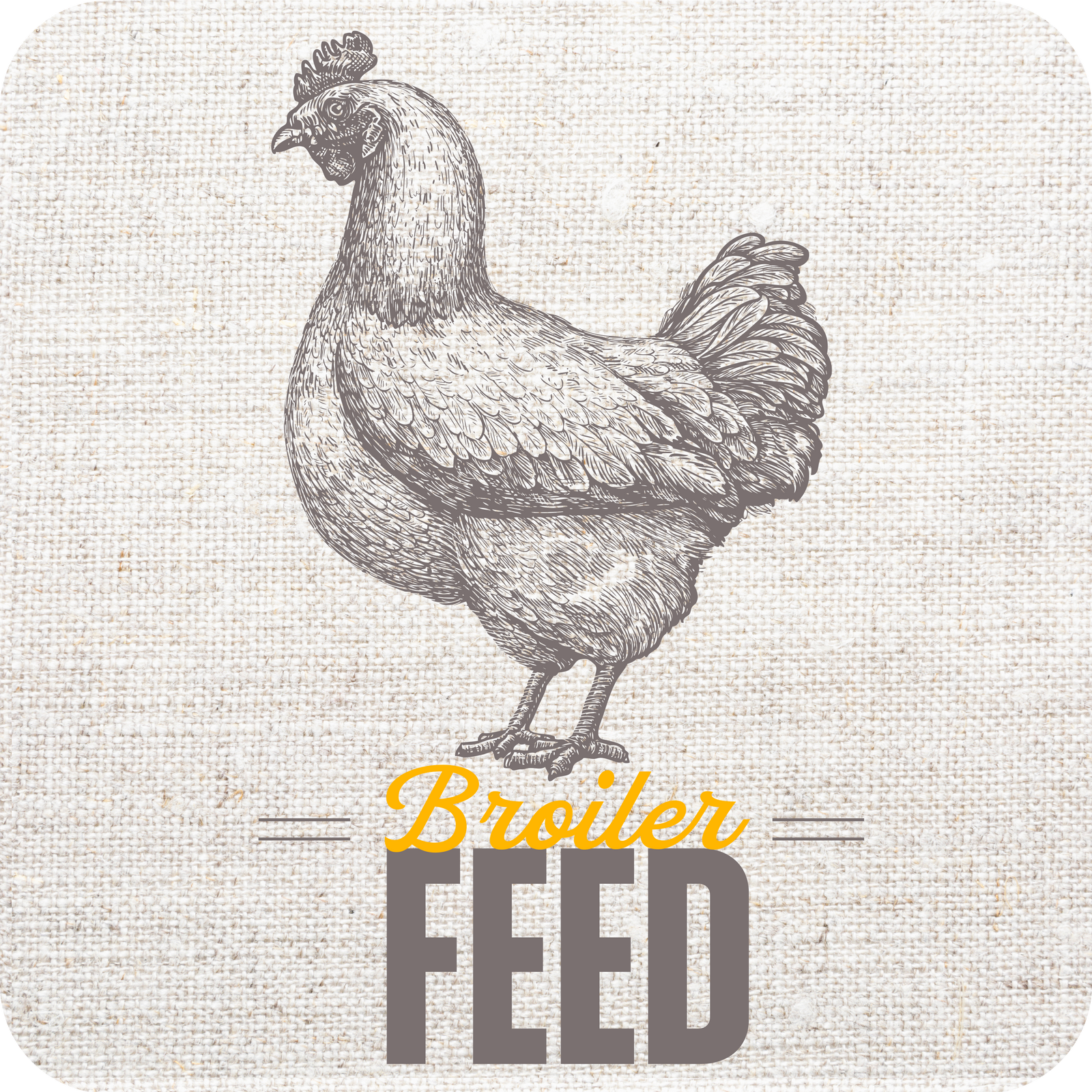 Premium Broiler Chicken feed by Leland Mills.  Image of a vintage line drawing of a boiler chicken